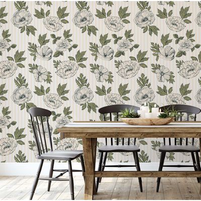 Papel de Parede Autoadesivo Listrado de Peônia, Vinílico Impermeável Branco Removível, Para Locatários, Quarto e Sala de Jantar - S4sassy 63,5 cm (L) × 609,6 cm (C) / Branco - Vinil Liso