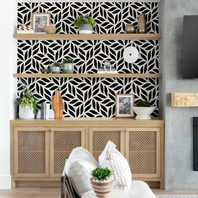 Papel de Parede Padrão de Folhas Moderno, Preto, Vinil Autoadesivo Decorativo, Aplicação Fácil para Quarto, Armários e Sala - S4Sassy 63,5 cm (L) × 152,4 cm (C) / Preto - Vinil Liso
