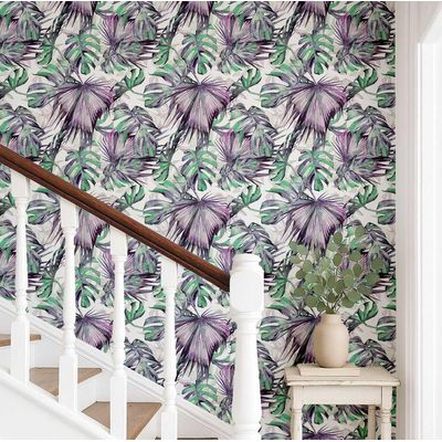 Papel de Parede Roxo com Folha de Monstera, Vinil Autoadesivo, Revestimento Decorativo, Aplicação DIY Fácil para Quarto e Sala - S4Sassy 63,5 cm (L) × 304,8 cm (C) / Roxo - Vinil Liso