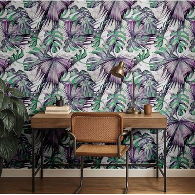 Papel de Parede Roxo com Folha de Monstera, Vinil Autoadesivo, Revestimento Decorativo, Aplicação DIY Fácil para Quarto e Sala - S4Sassy 63,5 cm (L) × 304,8 cm (C) / Roxo - Vinil Liso