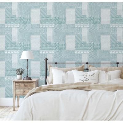 Papel de Parede Patchwork com Pesponto, Estilo Asiático, Vinil Autoadesivo, DIY Fácil para Quarto e Sala - Azul - S4Sassy 63,5 cm (L) × 304,8 cm (C) / Azul - Vinil Texturizado
