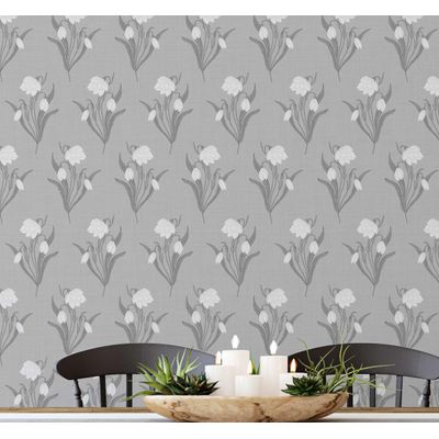 Papel de Parede Autoadesivo Estampa Floral Snowdrop Branca, Vinil Impermeável Removível Cinza para Quarto e Sala de Jantar - S4sassy 63,5 cm (L) × 304,8 cm (C) / Cinza - Vinil Liso