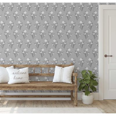 Papel de Parede Autoadesivo Estampa Floral Snowdrop Branca, Vinil Impermeável Removível Cinza para Quarto e Sala de Jantar - S4sassy 63,5 cm (L) × 304,8 cm (C) / Cinza - Vinil Liso