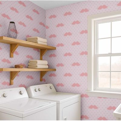 Papel de Parede Vinílico Autoadesivo Estampa de Bigode Rosa, Fácil Aplicação para Quarto Infantil e Sala de Brincar - S4Sassy 63,5 cm (L) × 914,4 cm (C) / Rosa - Vinil Liso