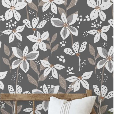 Adesivo de Parede Removível Pétalas Douradas, Cinza Mural Instantâneo para Quarto, Banheiro, Lavanderia e Interior do Closet - S4Sassy 63,5 cm (L) × 609,6 cm (C) / Cinza - Vinil Liso