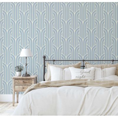 Papel Contact Vinílico Autoadesivo Impermeável Azul Estampa Art Déco Streamline Removível para Quartos e Salas - S4Sassy 63,5 cm (L) × 914,4 cm (C) / Azul - Vinil Liso