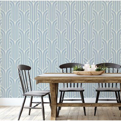 Papel Contact Vinílico Autoadesivo Impermeável Azul Estampa Art Déco Streamline Removível para Quartos e Salas - S4Sassy 63,5 cm (L) × 914,4 cm (C) / Azul - Vinil Liso