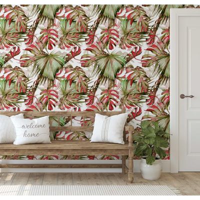 Papel Vinílico Autoadesivo Folha de Monstera Vermelha, Adesivo Decorativo para Parede, Cobertura DIY Fácil para Quarto e Sala - S4Sassy 63,5 cm (L) × 304,8 cm (C) / Vermelho - Vinil Liso