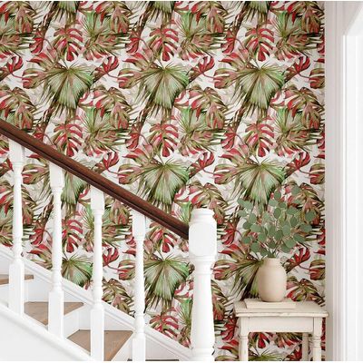 Papel Vinílico Autoadesivo Folha de Monstera Vermelha, Adesivo Decorativo para Parede, Cobertura DIY Fácil para Quarto e Sala - S4Sassy 63,5 cm (L) × 304,8 cm (C) / Vermelho - Vinil Liso