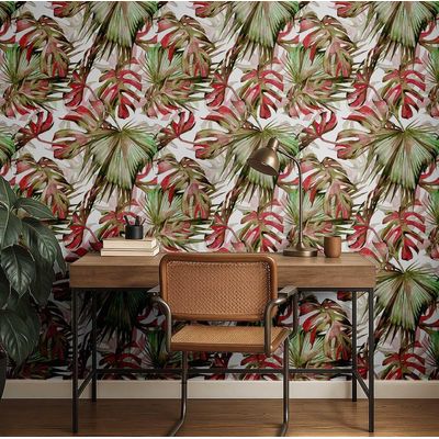 Papel Vinílico Autoadesivo Folha de Monstera Vermelha, Adesivo Decorativo para Parede, Cobertura DIY Fácil para Quarto e Sala - S4Sassy 63,5 cm (L) × 304,8 cm (C) / Vermelho - Vinil Liso