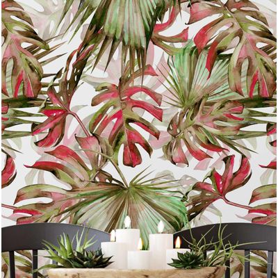 Papel Vinílico Autoadesivo Folha de Monstera Vermelha, Adesivo Decorativo para Parede, Cobertura DIY Fácil para Quarto e Sala - S4Sassy 63,5 cm (L) × 304,8 cm (C) / Vermelho - Vinil Liso
