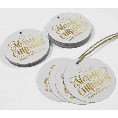 Etiquetas de Papel para Pendurar em Lembrancinhas com Texto 'Feliz Natal e Feliz Ano Novo' em Metalizado - Inkdotpot 100 Etiquetas Metalizadas / Branco - Dourado