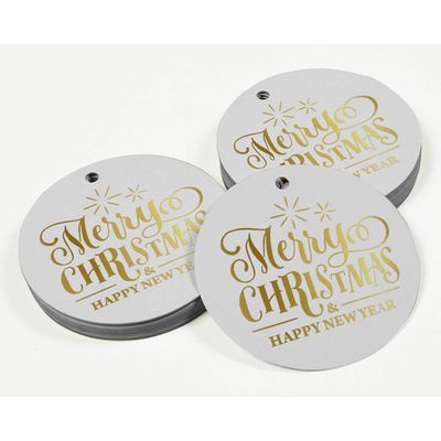 Etiquetas de Papel para Pendurar em Lembrancinhas com Texto 'Feliz Natal e Feliz Ano Novo' em Metalizado - Inkdotpot 100 Etiquetas Metalizadas / Branco - Dourado