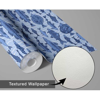 Papel de Parede Vinílico Adesivo Removível Mosaico de Peixes do Oceano Azul para Banheiro, Lavanderia e Armário - S4Sassy 63,5 cm (L) × 304,8 cm (C) / Azul - Vinil Texturizado