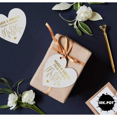 Etiqueta Para Pendurar em Papel Metalizado 'Abraços & Beijos' da Tag de Lembrancinha de Casamento - Inkdotpot 50 Etiquetas Metalizadas / Branco - Ouro Rosé
