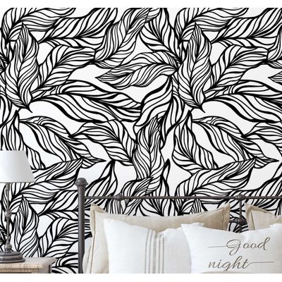 Vinil Autoadesivo Estampa Tropical de Folhas Desenhadas à Mão, à Prova d'água, Preto, Removível para Quartos e Salas - S4Sassy 63,5 cm (L) × 304,8 cm (C) / Preto - Vinil Liso