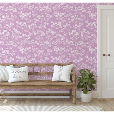 Papel de Parede Autoadesivo Vinílico Impermeável, Trepadeira com Flores Brancas, Rosa Removível, Quarto/Sala de Jantar - S4sassy 63,5 cm (L) × 914,4 cm (C) / Rosa - Vinil Liso