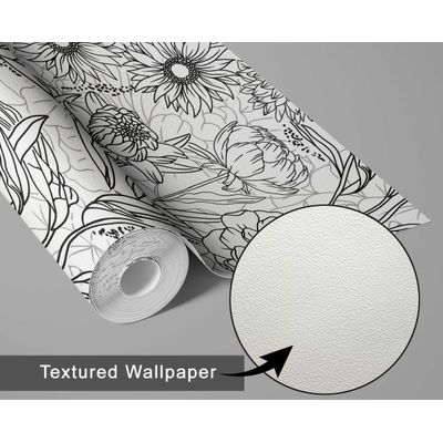 Papel de Parede Vinílico Autoadesivo, Estampa Floral Grande em Contorno, Impermeável, Preto - para Quartos, Ambientes e Armários - S4Sassy 63,5 cm (L) × 914,4 cm (C) / Preto - Vinil Texturizado