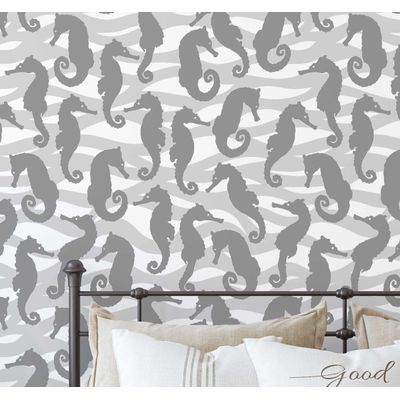 Papel de Parede Vinílico Autoadesivo Removível, Cavalos-Marinhos e Ondas Monocromáticos, Cinza para Banheiro, Lavanderia e Closet - S4Sassy 63,5 cm (L) × 609,6 cm (C) / Cinza - Vinil Liso