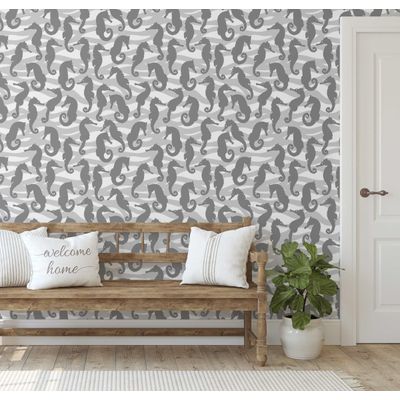 Papel de Parede Vinílico Autoadesivo Removível, Cavalos-Marinhos e Ondas Monocromáticos, Cinza para Banheiro, Lavanderia e Closet - S4Sassy 63,5 cm (L) × 609,6 cm (C) / Cinza - Vinil Liso