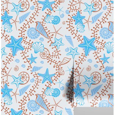 Vinil Autoadesivo Removível Azul com Estrelas-do-Mar e Conchas Divertidas para Banheiro, Lavanderia e Closet - S4Sassy 63,5 cm (L) × 914,4 cm (C) / Azul - Vinil Texturizado