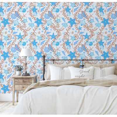 Vinil Autoadesivo Removível Azul com Estrelas-do-Mar e Conchas Divertidas para Banheiro, Lavanderia e Closet - S4Sassy 63,5 cm (L) × 914,4 cm (C) / Azul - Vinil Texturizado