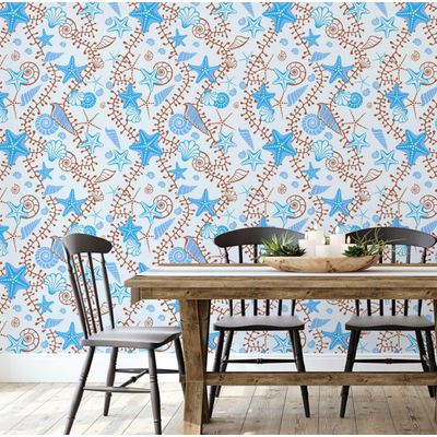 Vinil Autoadesivo Removível Azul com Estrelas-do-Mar e Conchas Divertidas para Banheiro, Lavanderia e Closet - S4Sassy 63,5 cm (L) × 914,4 cm (C) / Azul - Vinil Texturizado