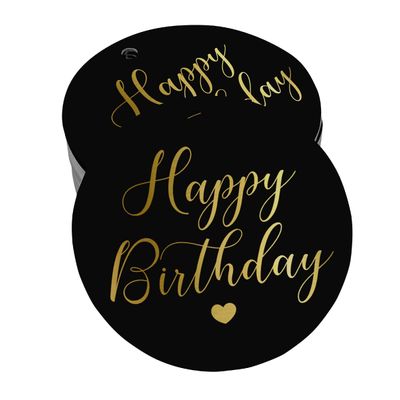 Etiquetas de Papel Metalizado para Pendurar 'Happy Birthday' para Lembrancinhas - Inkdotpot 100 Etiquetas Metalizadas / Preto - Dourado