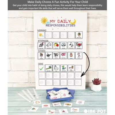 Checklist de Responsabilidades Diárias para Crianças / Lista de Tarefas / Rotina Diária / Quadro de Afazeres / Cartaz Infantil - Inkdotpot 30,48 Cm × 45,72 Cm / Branco