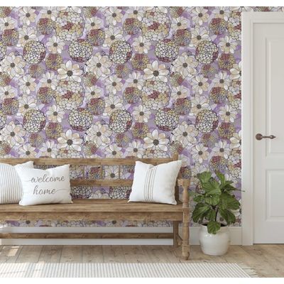 Papel de Parede Autoadesivo Decorativo Roxo, Flor de Pêssego Pastel, Vinílico Impermeável, Removível p/ Inquilinos, Quarto/Sala - S4sassy 63,5 cm (L) × 914,4 cm (C) / Roxo - Vinil Liso