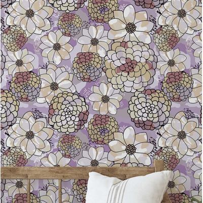 Papel de Parede Autoadesivo Decorativo Roxo, Flor de Pêssego Pastel, Vinílico Impermeável, Removível p/ Inquilinos, Quarto/Sala - S4sassy 63,5 cm (L) × 914,4 cm (C) / Roxo - Vinil Liso