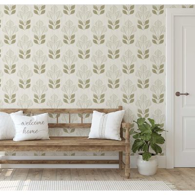 Papel de Parede Vinílico Autoadesivo, Estampa Moderna de Folhas, Verde À Prova d'Água, Toque Asiático para Quartos e Salas - S4Sassy 63,5 cm (L) × 304,8 cm (C) / Verde - Vinil Liso