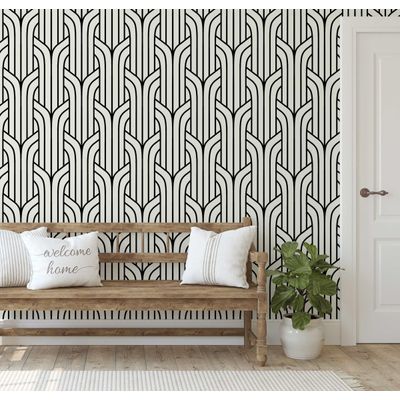 Papel Vinílico Autoadesivo Estampa Streamline Art Déco, Impermeável Preto, Removível para Quartos e Salas para Inquilinos - S4Sassy 63,5 cm (L) × 152,4 cm (C) / Preto - Vinil Texturizado
