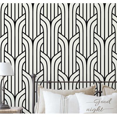 Papel Vinílico Autoadesivo Estampa Streamline Art Déco, Impermeável Preto, Removível para Quartos e Salas para Inquilinos - S4Sassy 63,5 cm (L) × 152,4 cm (C) / Preto - Vinil Texturizado
