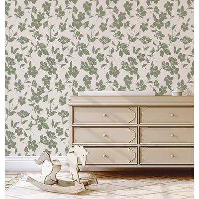 Papel de Parede Autoadesivo Flor Bege Removível, Mural Verde Instantâneo para Quarto, Banheiro, Lavanderia e Interior do Closet - S4Sassy 63,5 cm (L) × 914,4 cm (C) / Verde - Vinil Liso