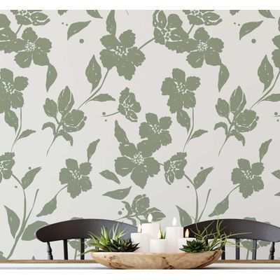 Papel de Parede Autoadesivo Flor Bege Removível, Mural Verde Instantâneo para Quarto, Banheiro, Lavanderia e Interior do Closet - S4Sassy 63,5 cm (L) × 914,4 cm (C) / Verde - Vinil Liso