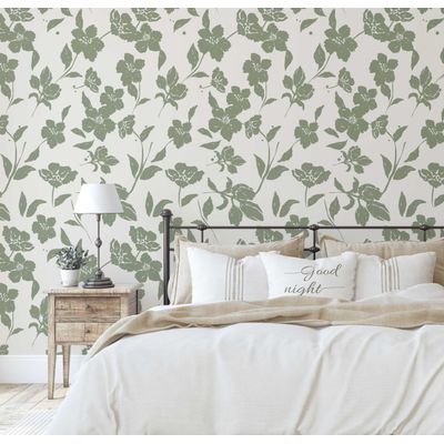 Papel de Parede Autoadesivo Flor Bege Removível, Mural Verde Instantâneo para Quarto, Banheiro, Lavanderia e Interior do Closet - S4Sassy 63,5 cm (L) × 914,4 cm (C) / Verde - Vinil Liso