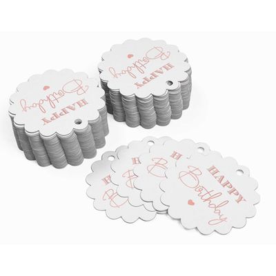 Etiquetas para Lembrancinhas "Feliz Aniversário" em Papel Metalizado para Pendurar - Inkdotpot 100 Etiquetas Metalizadas / Branco - Ouro Rosé