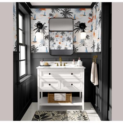 Revestimento de Parede Removível Autoadesivo Tropical Palmeiras e Veleiro Preto para Banheiro, Lavanderia e Closet - S4Sassy 63,5 cm (L) × 152,4 cm (C) / Preto - Vinil Liso