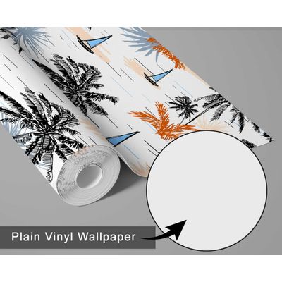 Revestimento de Parede Removível Autoadesivo Tropical Palmeiras e Veleiro Preto para Banheiro, Lavanderia e Closet - S4Sassy 63,5 cm (L) × 152,4 cm (C) / Preto - Vinil Liso