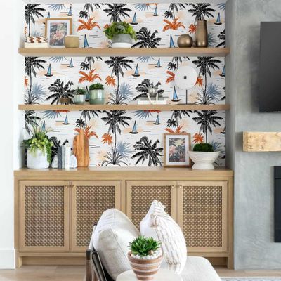 Revestimento de Parede Removível Autoadesivo Tropical Palmeiras e Veleiro Preto para Banheiro, Lavanderia e Closet - S4Sassy 63,5 cm (L) × 152,4 cm (C) / Preto - Vinil Liso