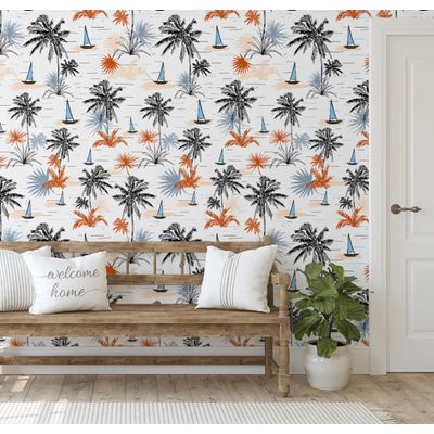 Revestimento de Parede Removível Autoadesivo Tropical Palmeiras e Veleiro Preto para Banheiro, Lavanderia e Closet - S4Sassy 63,5 cm (L) × 152,4 cm (C) / Preto - Vinil Liso
