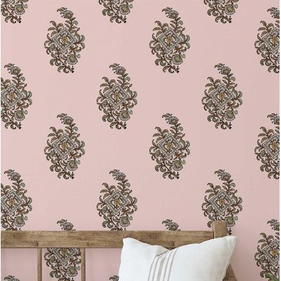 Papel de Parede Vinil Autoadesivo Removível, Motivo Booti Tradicional, Mural Asiático para Banheiro, Lavanderia e Closet - S4Sassy 63,5 cm (L) × 609,6 cm (C) / Rosa - Vinil Texturizado