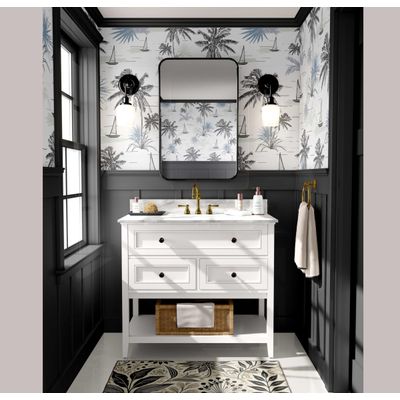Papel de Parede Vinílico Autoadesivo e Removível, Palmeira Tropical e Veleiro, Mural Cinza para Banheiro, Lavanderia e Closet - S4Sassy 63,5 cm (L) × 152,4 cm (C) / Cinza - Vinil Texturizado