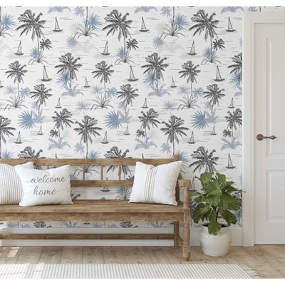 Papel de Parede Vinílico Autoadesivo e Removível, Palmeira Tropical e Veleiro, Mural Cinza para Banheiro, Lavanderia e Closet - S4Sassy 63,5 cm (L) × 152,4 cm (C) / Cinza - Vinil Texturizado