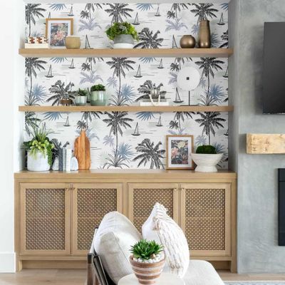 Papel de Parede Vinílico Autoadesivo e Removível, Palmeira Tropical e Veleiro, Mural Cinza para Banheiro, Lavanderia e Closet - S4Sassy 63,5 cm (L) × 152,4 cm (C) / Cinza - Vinil Texturizado