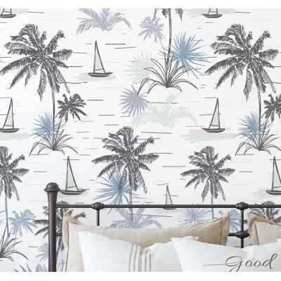 Papel de Parede Vinílico Autoadesivo e Removível, Palmeira Tropical e Veleiro, Mural Cinza para Banheiro, Lavanderia e Closet - S4Sassy 63,5 cm (L) × 152,4 cm (C) / Cinza - Vinil Texturizado