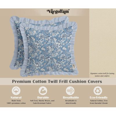 Conjunto 2 Capas de Almofada Twill 100% Algodão, Dupla Face, com Babado e Zíper, Floral, Estilo Farmhouse, sem Enchimento - Vargottam 40,64 Cm × 40,64 Cm – Pacote Com 2 / Azul