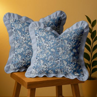 Conjunto 2 Capas de Almofada Twill 100% Algodão, Dupla Face, com Babado e Zíper, Floral, Estilo Farmhouse, sem Enchimento - Vargottam 40,64 Cm × 40,64 Cm – Pacote Com 2 / Azul