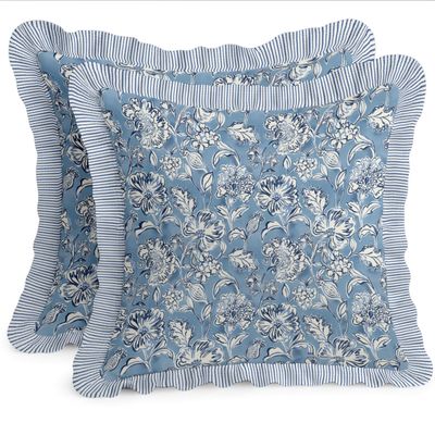 Conjunto 2 Capas de Almofada Twill 100% Algodão, Dupla Face, com Babado e Zíper, Floral, Estilo Farmhouse, sem Enchimento - Vargottam 40,64 Cm × 40,64 Cm – Pacote Com 2 / Azul